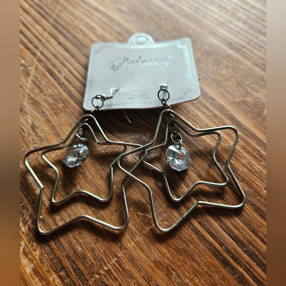 Star-Shaped Silver Earrings with Crystal Accents